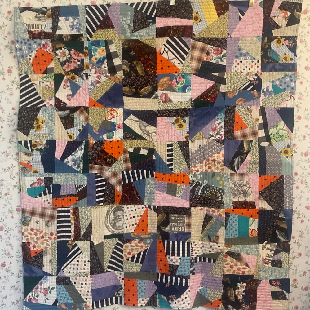 Patchwork Quilt with Multicolor Design. Handmade